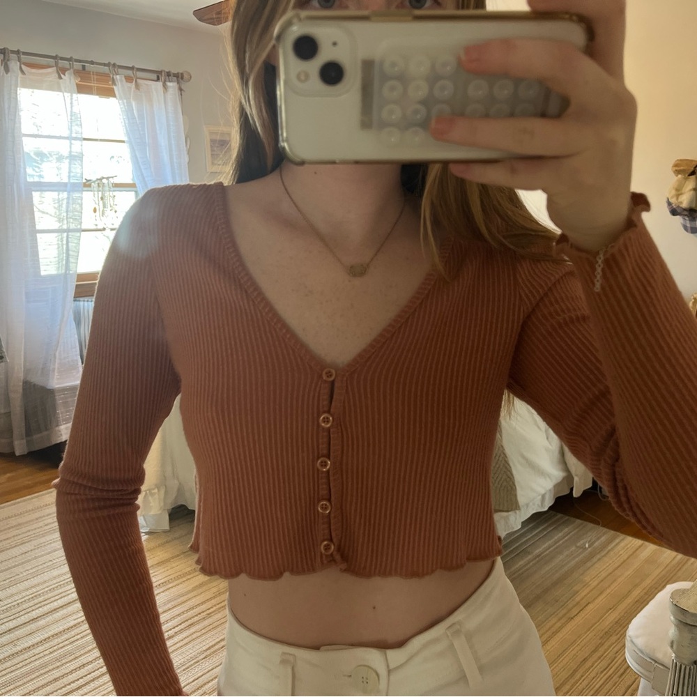 LA hearts Ribbed Brown Button-Up Crop Top